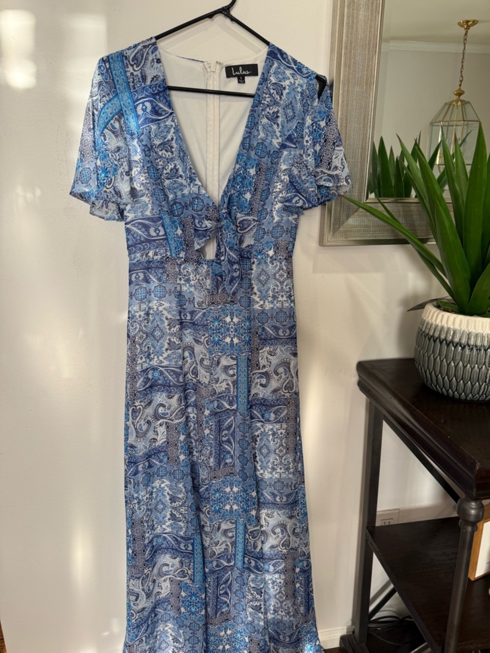 Lulu's Blue Paisley Tie-Front V-Neck Maxi Dress